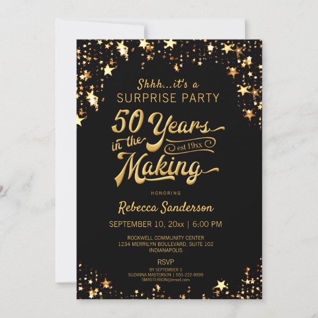 50th Surprise Birthday | Black & Gold Stars Invitation (Front)