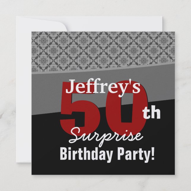 50th Surprise Birthday Black Red White Diamonds Invitation (Front)