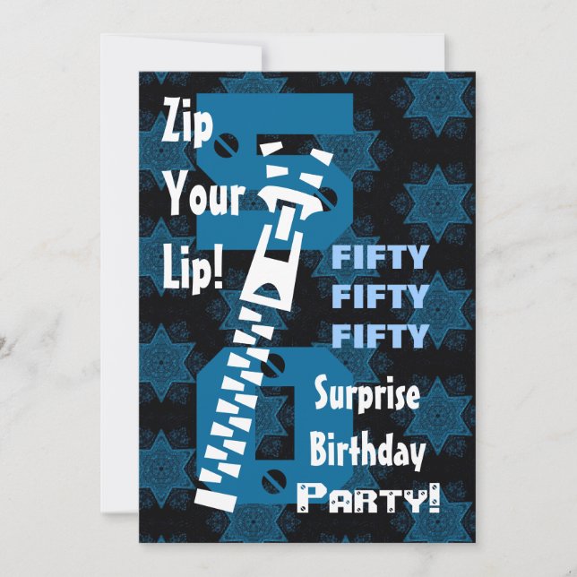 50th SURPRISE Birthday Blue Stars Zipper W1686 Invitation (Front)