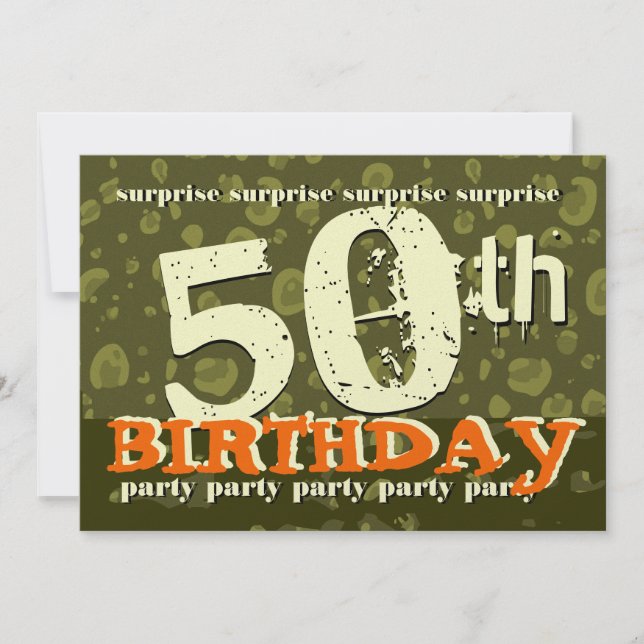 50th SURPRISE Birthday Khaki Orange Cream Camo Invitation (Front)