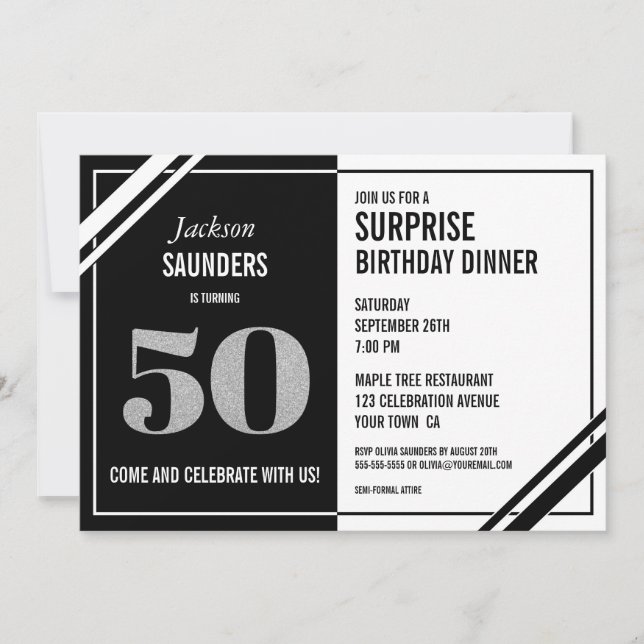 50th Surprise Birthday Modern Black White Dinner Invitation (Front)
