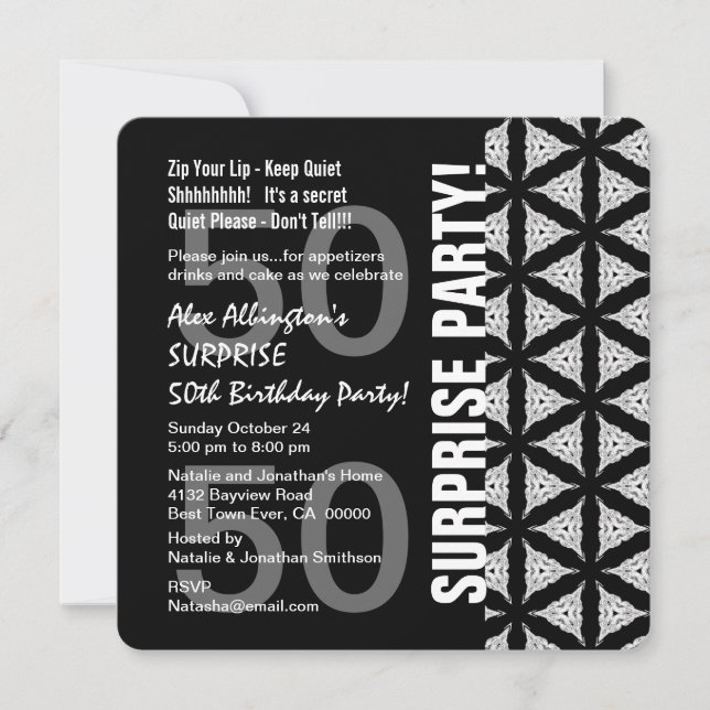 50th Surprise Birthday Modern Black WhiteW1761P Invitation (Front)