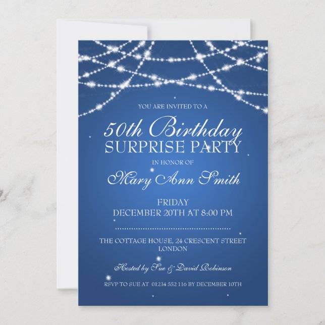 50th Surprise Birthday Party String Stars Blue Invitation (Front)