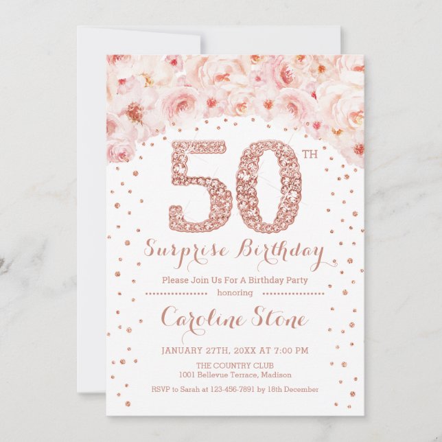 50th Surprise Birthday Party - White Rose Gold Invitation (Front)