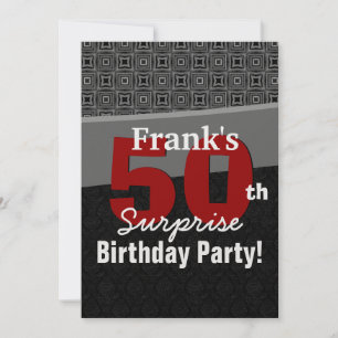 50th Surprise Birthday Red Black White Metallic Invitation