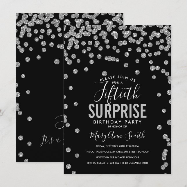 50th Surprise Birthday Silver Black Invitation (Front/Back)
