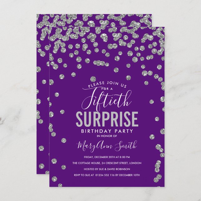 50th Surprise Birthday Silver Purple Invitation (Front/Back)