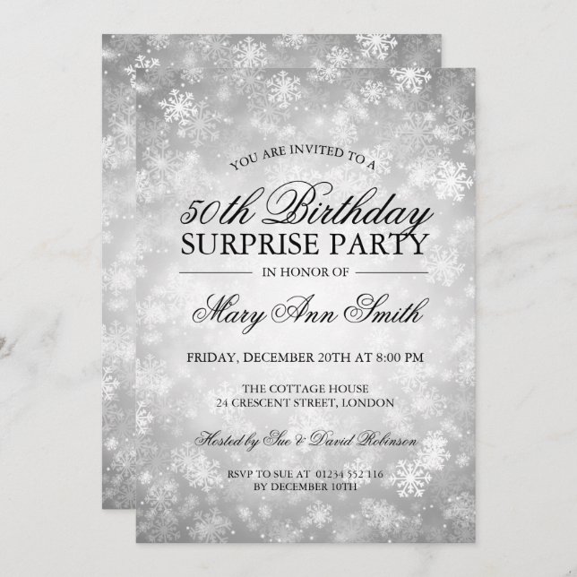 50th Surprise Birthday Silver Winter Wonderland Invitation (Front/Back)