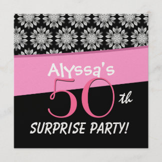 50th Surprise Party Black and White Flower Pattern Invitation