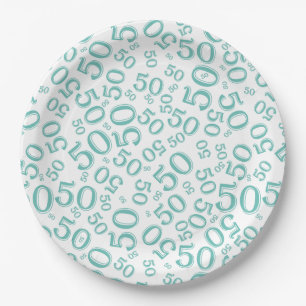50th Teal/White  Random Number Pattern Paper Plate
