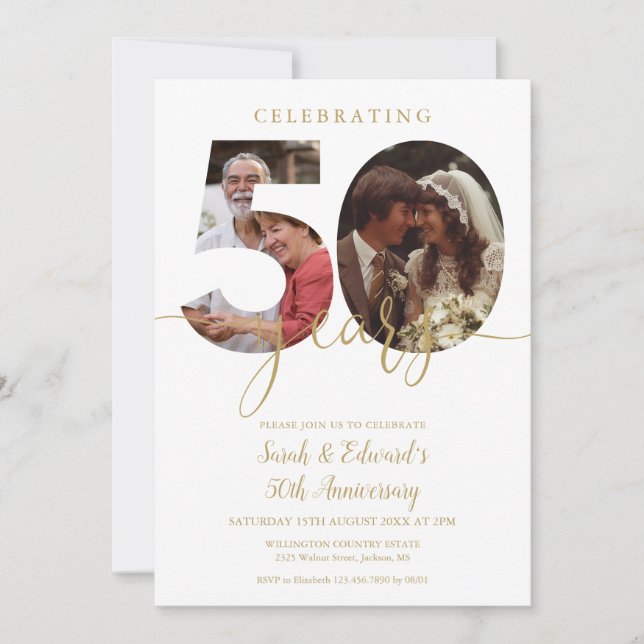50th Wedding Anniversary 2 Photo Gold Invitation (Front)
