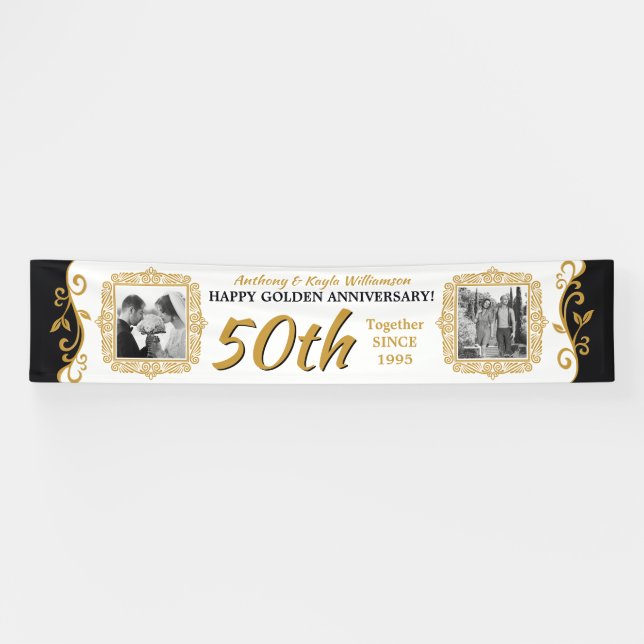 50th Wedding Anniversary Add Your Photo Gold Black Banner (Horizontal)