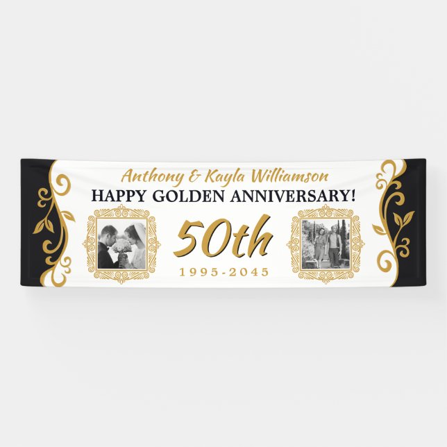 50th Wedding Anniversary Add Your Photo Gold Black Banner (Horizontal)