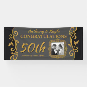 50th Wedding Anniversary Add Your Photo Gold Grey Banner