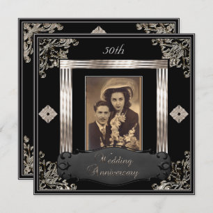 50th Wedding Anniversary Art Deco Black Sepia Invitation