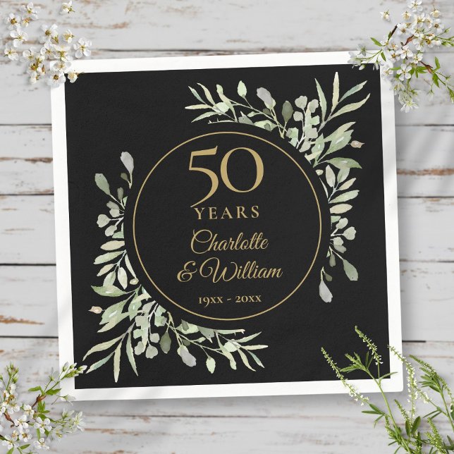 50th Wedding Anniversary Black And Gold Greenery Napkin (50th Wedding Anniversary Black And Gold Greenery Napkins)