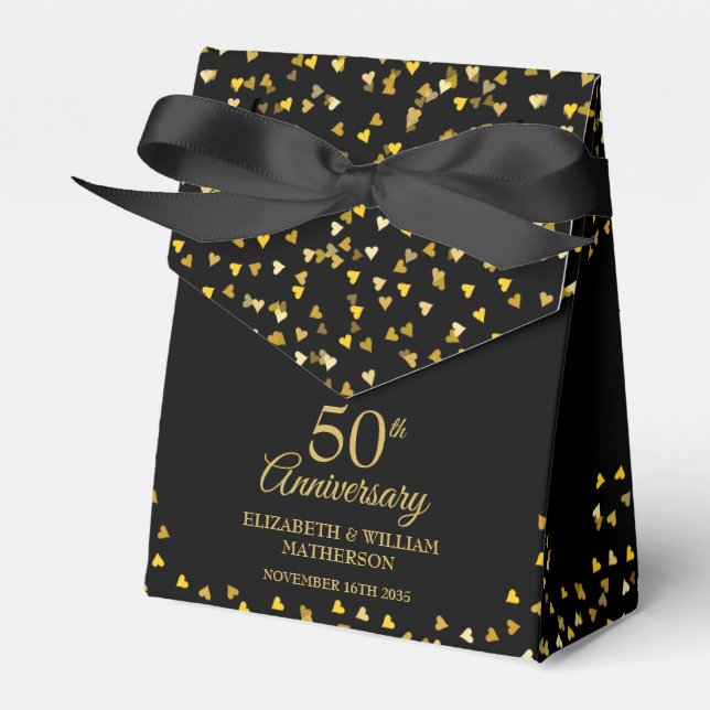50th Wedding Anniversary Black And Gold Hearts Favour Box (Front Side)