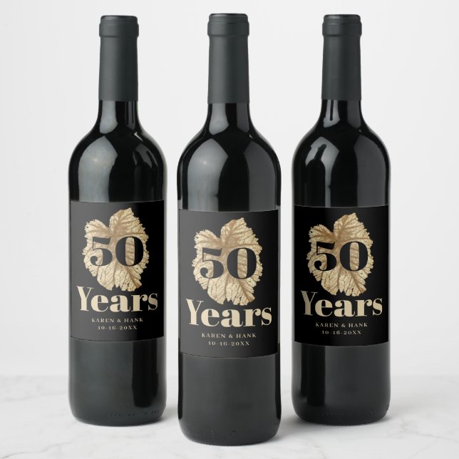 50th Wedding Anniversary Black and Gold Monogram Wine Label (Bottles)