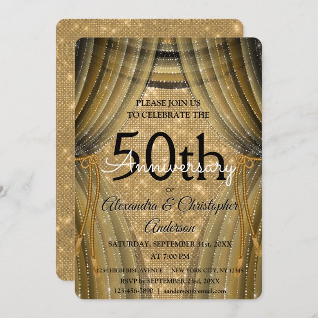 50th Wedding Anniversary Black and Gold Sparkle Invitation (Front/Back)