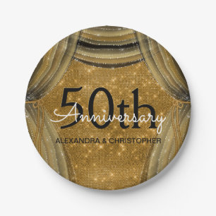 50th Wedding Anniversary Black and Gold Sparkle Paper Plate