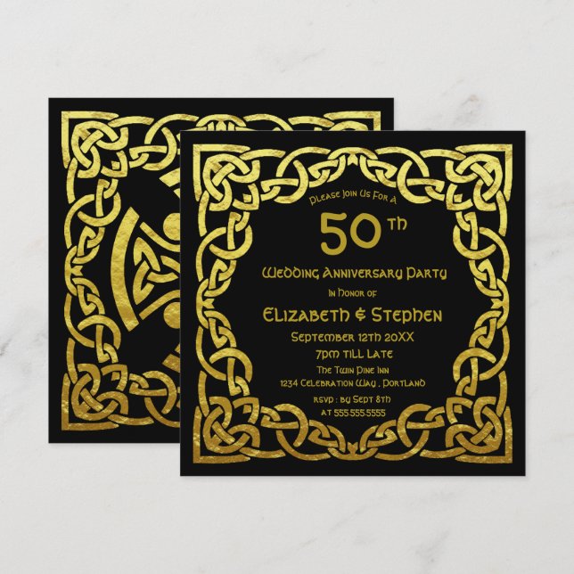 50th Wedding Anniversary Black & Gold Celtic Knot  Invitation (Front/Back)