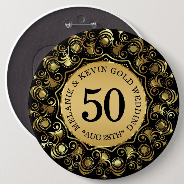 50th Wedding Anniversary Black & Gold, Custom Text 6 Cm Round Badge (Front & Back)