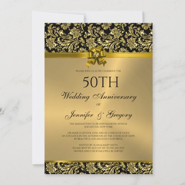 50th Wedding Anniversary Black & Gold Damasks 3 Invitation (Front)