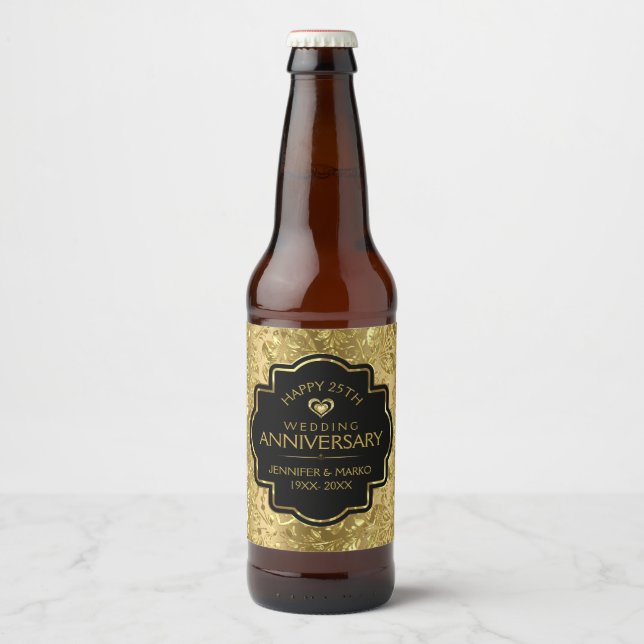 50th Wedding Anniversary Black & Gold Damasks Beer Bottle Label (Front)