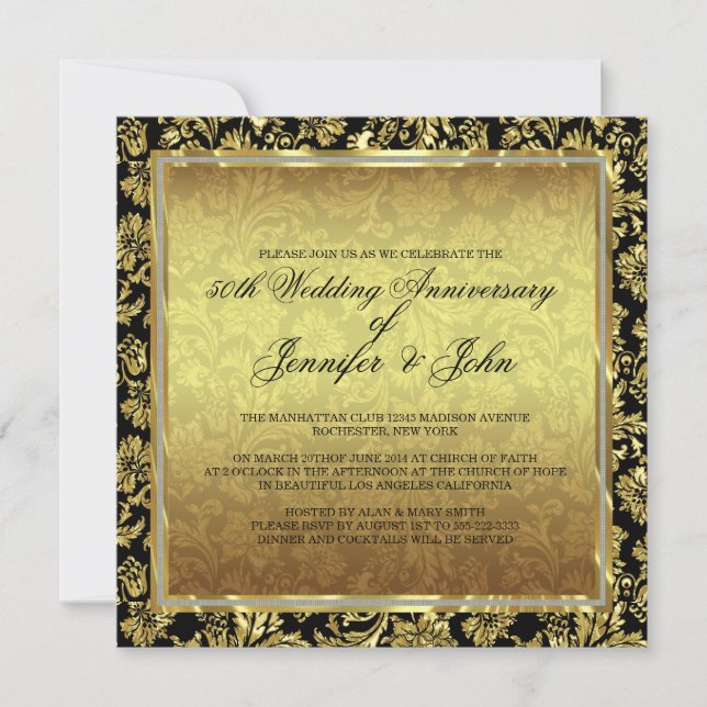 50th Wedding Anniversary Black & Gold Damasks Invitation (Front)
