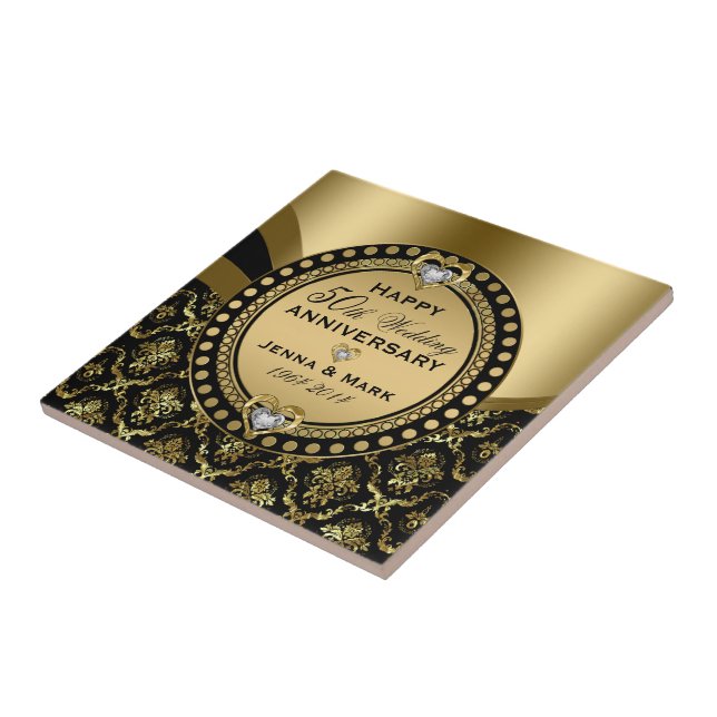 50th Wedding Anniversary Black & Gold Damasks Tile (Side)