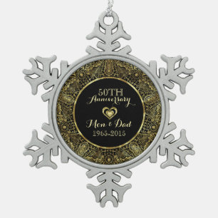 50th Wedding Anniversary-Black & Gold Floral Snowflake Pewter Christmas Ornament