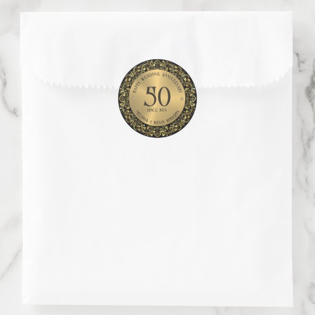 50th Wedding Anniversary Black Gold Frame Classic Round Sticker (Bag)
