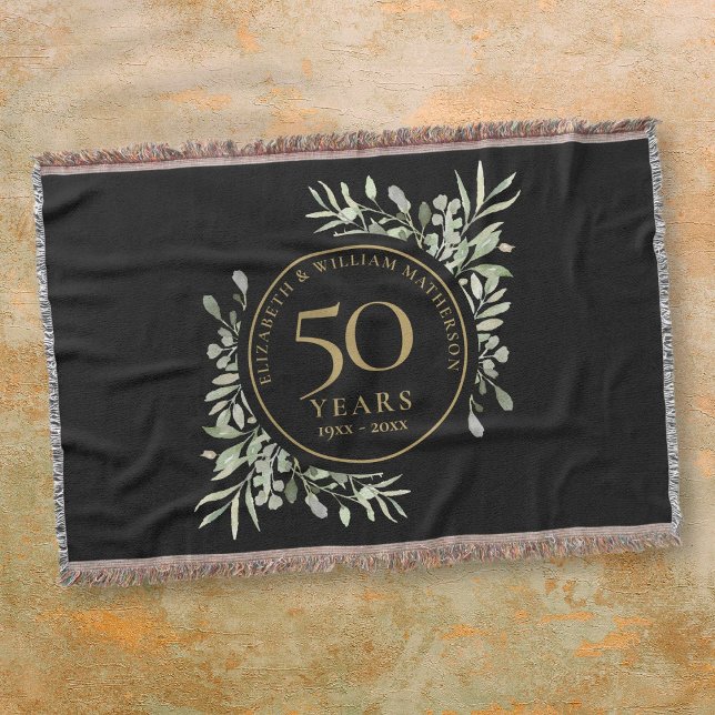 50th Wedding Anniversary Black Gold Greenery Leaf Throw Blanket (50th Wedding Anniversary Black Gold Greenery Leaf Throw Blanket)