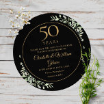 50th Wedding Anniversary Black Gold Greenery Round Save The Date<br><div class="desc">Featuring delicate watercolor country garden greenery,  this chic save the date anniversary invitation can be personalised with your special 50 years anniversary celebration information,  with a golden background on the reverse. Designed by Thisisnotme©</div>
