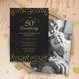 50th Wedding Anniversary Black Gold Hearts Photo Invitation