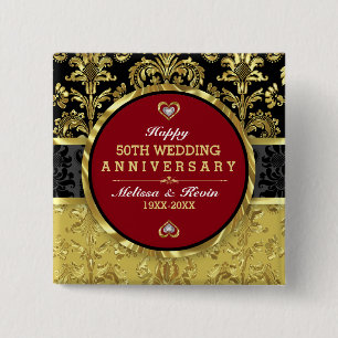 50th Wedding Anniversary Black Gold & Red 15 Cm Square Badge