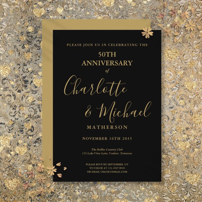 50th Wedding Anniversary Black Gold Signature  Invitation (50th Wedding Anniversary Black Gold Signature Invitation)