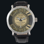 50th Wedding Anniversary Black & Gold Watch<br><div class="desc">Elegant gold 50th wedding anniversary commemorative plate with black and gold damasks pattern,  ornate circle frame,  and white diamond hearts. All wedding anniversary colours in this design can be requested. If you need help customising,  changing colour,  or anything else to any of my designs,  contact ArtOnWear designer.</div>
