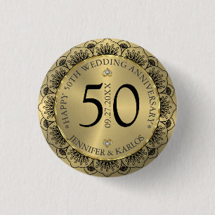 50th wedding anniversary black lace & gold  3 cm round badge