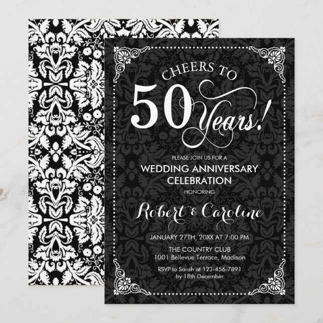 50th Wedding Anniversary - Black White Damask Invitation (Front/Back)