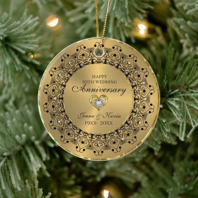 50th Wedding Anniversary BlackMandala On Gold Ceramic Tree Decoration (Tree)