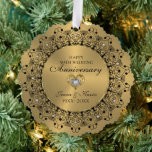 50th Wedding Anniversary BlackMandala On Gold Tree Decoration Card<br><div class="desc">Commemorate your 50th wedding anniversary with this elegant design—a black ornate mandala on an Image of metallic gold texture.
They are embellished with white diamonds for every hour—customisable text in black inside a shiny gold circle.</div>
