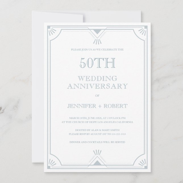 50th wedding Anniversary Blue-grey art Deco Frame Invitation (Front)
