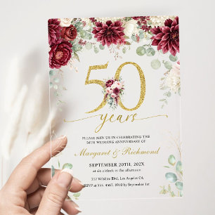 50th Wedding Anniversary Burgundy Floral Gold Acrylic Invitations