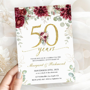 50th Wedding Anniversary Burgundy Floral Gold Invitation