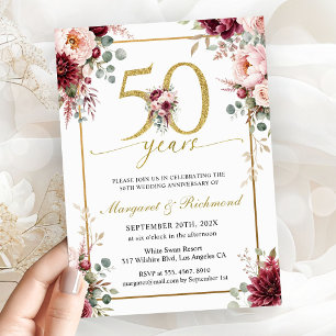 50th Wedding Anniversary Burgundy & Gold Glitter Invitation