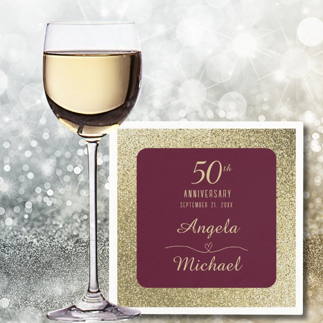 50th Wedding Anniversary Burgundy Gold Glitter  Napkin (Creator Uploaded)