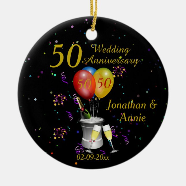  50th Wedding Anniversary Celebration Bubbly Ceramic Tree Decoration (Front)