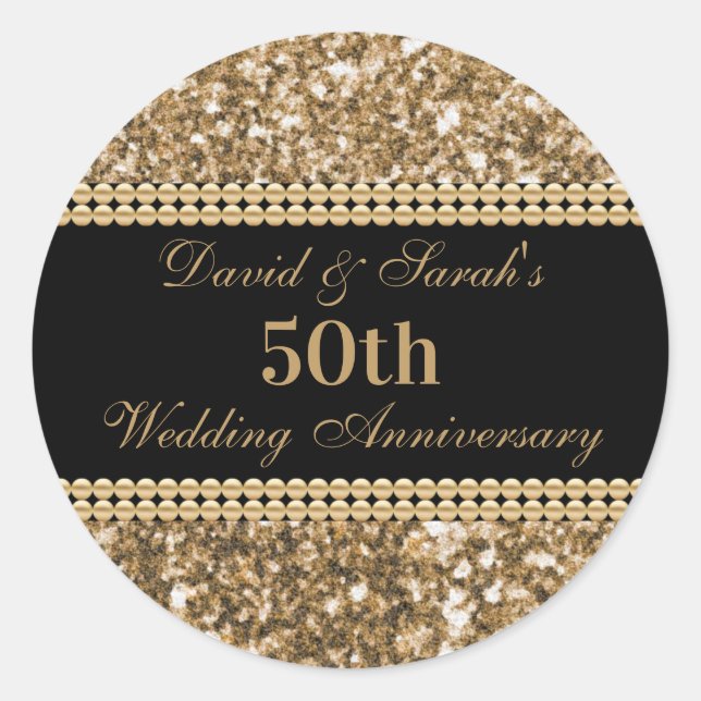 50th Wedding Anniversary Celebration Gold Glitter  Classic Round Sticker (Front)