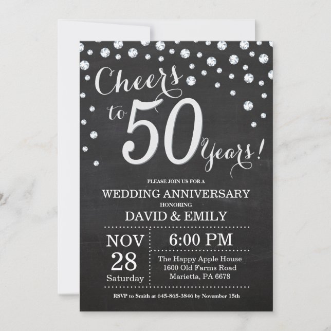 50th Wedding Anniversary Chalkboard Black Silver Invitation (Front)